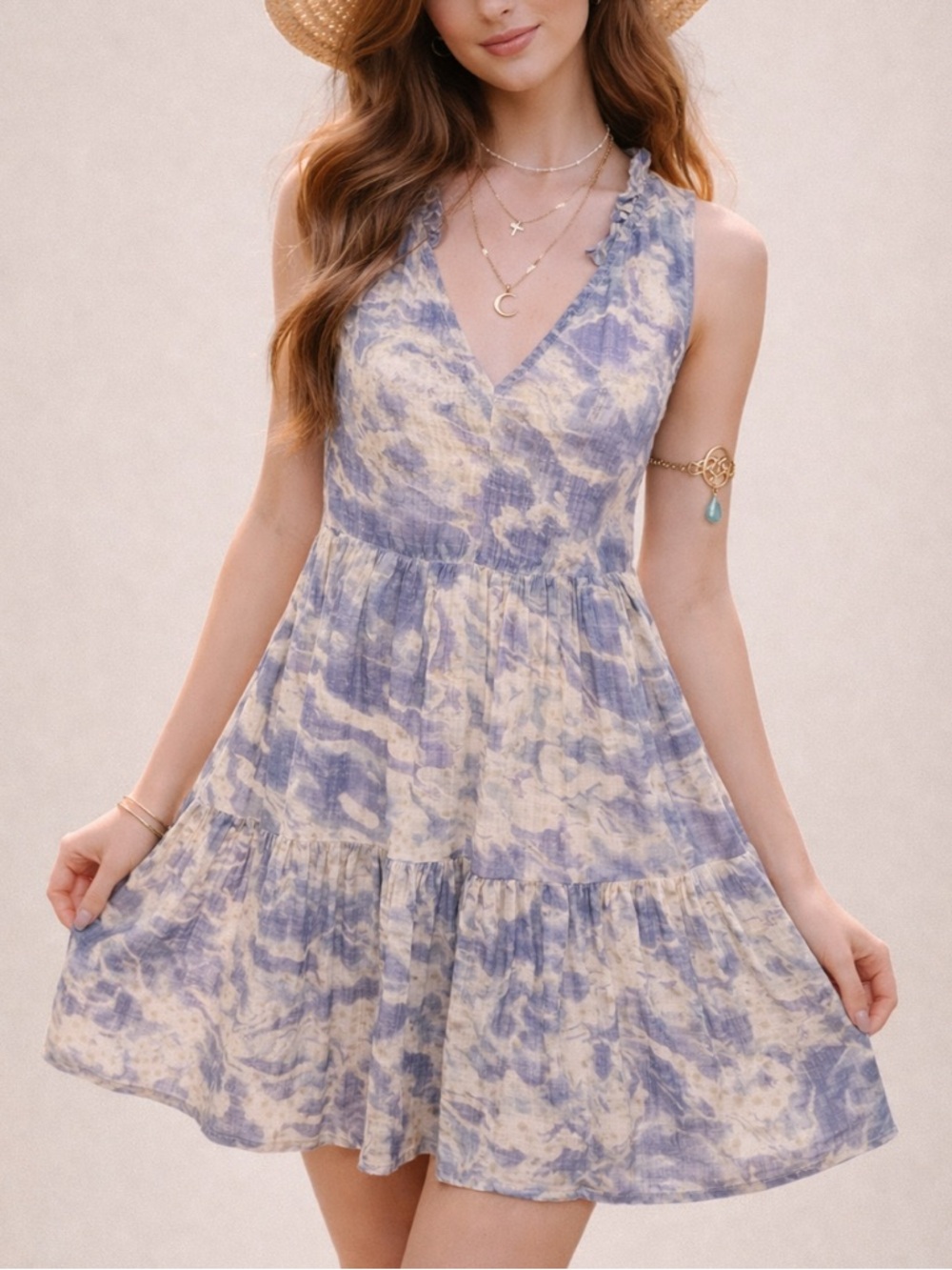 New Wonderly Blue /White Sleeveless Baby Doll Tiered Mini Women's Dress Sz. L